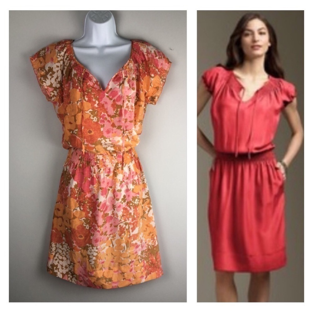 Talbots 100% Silk Smocked Blouson Knee Length Spring Summer Dress Print Pockets